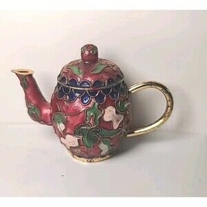 Vintage Miniature Chinese Cloisonné Teapot Red Base With Floral Design